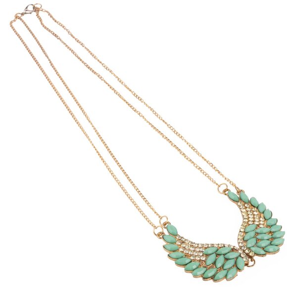 Angel Wing Statement Necklace Turquoise & Crystal Rhinestones on Gold Chain NWOT - Picture 5 of 10